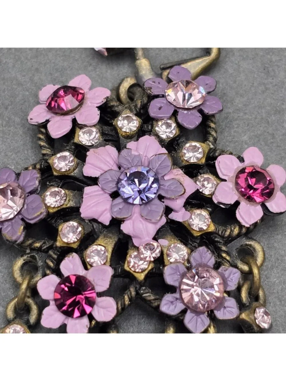 Vintage Michal Negrin Brass Dangle Earrings 4.75" Pastel Floral Crystal Drop - Picture 6 of 11